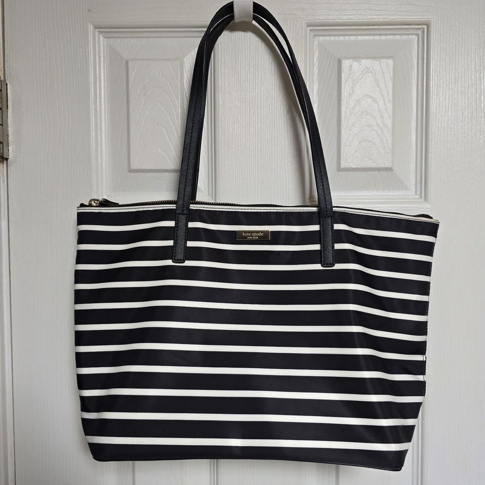 Kate Spade New York Black White Striped Nylon Leather Trim Zip Tote Bag